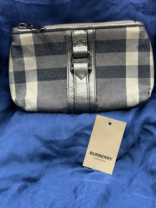 Burberry Checked Cosmetic Bag Zip Pouch Leather & Fabric/Fair