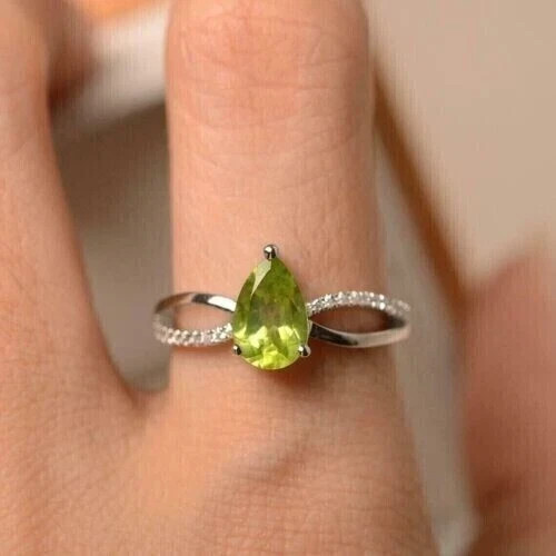 14K White Gold Plated 1Ct Lab Created Green Peridot Pear Cut Women Fancy Ring - Picture 1 of 4