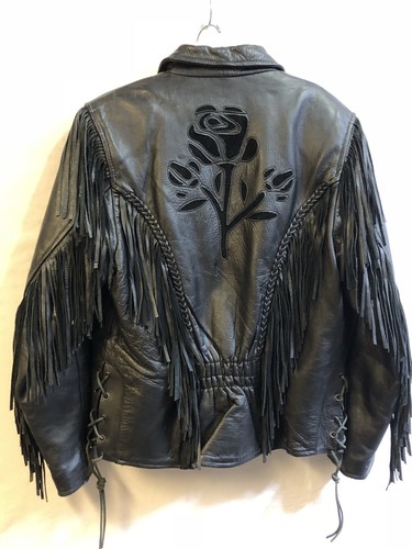 Leather Tiger King Black Leather Western Biker Jacket Fringe Womens Sz S Vint - Picture 6 of 12