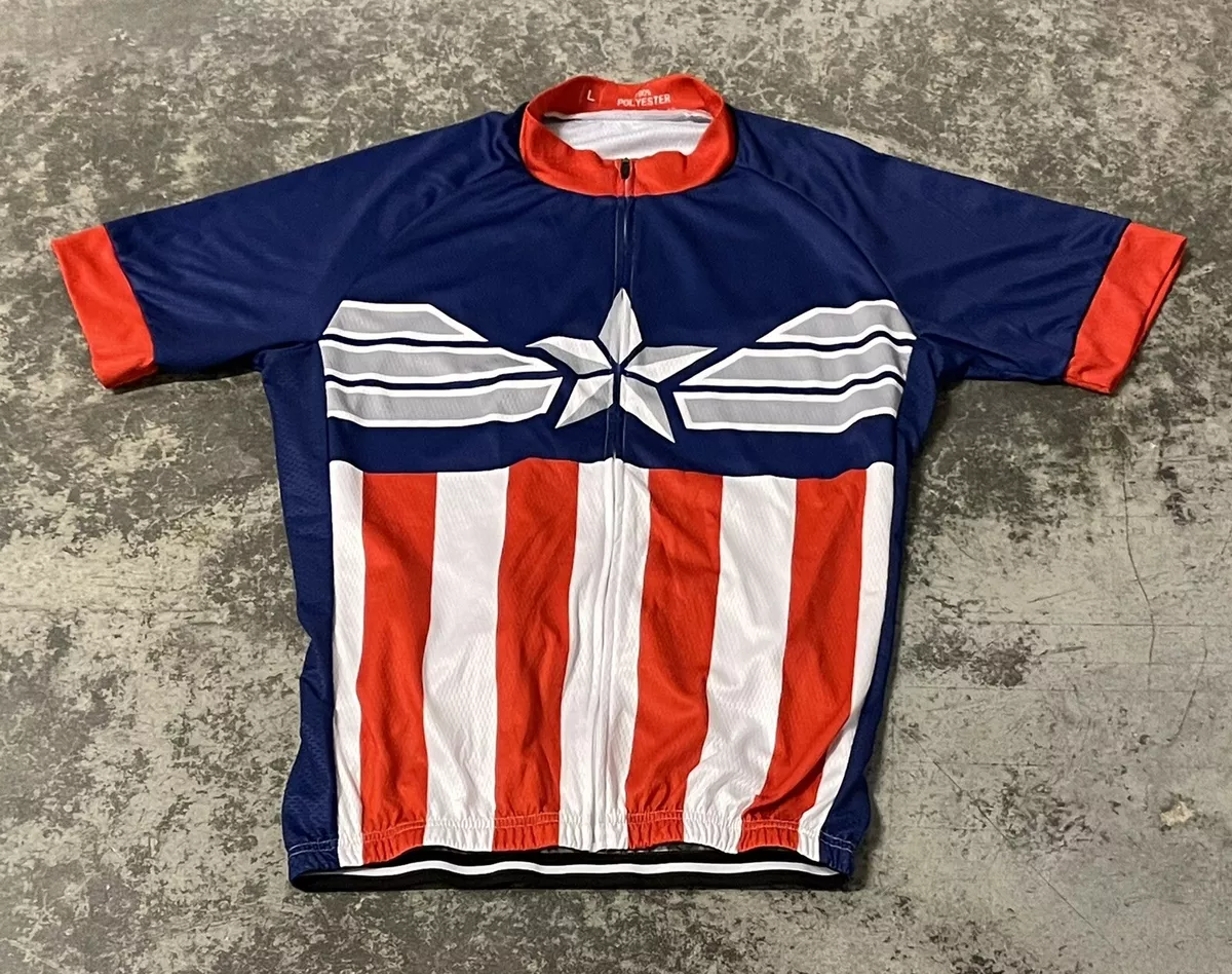 Men s Marvel Captain America Bicycle Booth Full Zipper Cycling Jersey Large