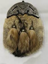 Handmade Scottish Full Dress Fox Fur Sporran with Ornate Thistle Design Cantle