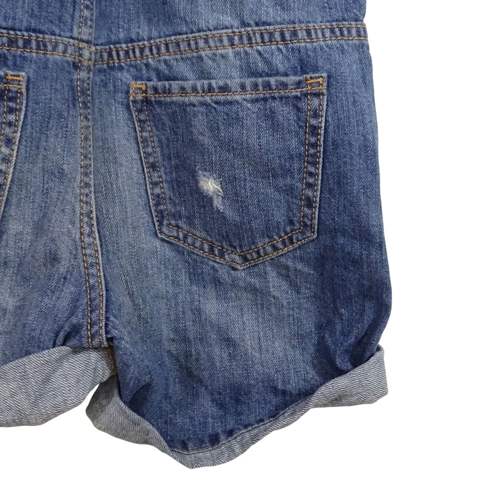 GAP Kids Distressed Denim Bib Overall Shortall Shorts Girls Size S Rolled Cuffs  - Image 4 of 4
