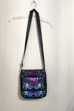 Crossbody Purse Shoulder Bag Black Embroidered Floral Birds Zipper Pocket Boho