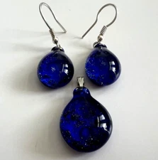 Murano Glass Handmade Glitter Navy & 925 Sterling Silver Necklace & Earrings Set