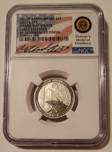 2017 S Ozark Riverways NP Quarter Enhanced SP70 NGC ER Miles Standish Signed