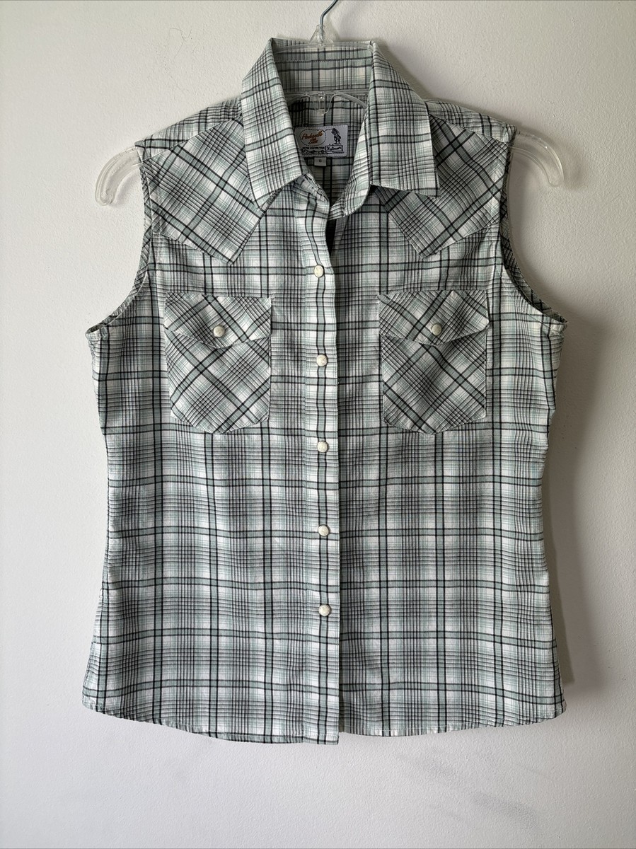 Panhandle Slim Western Wear Sleeveless Plaid Shirt Pearl Snaps 