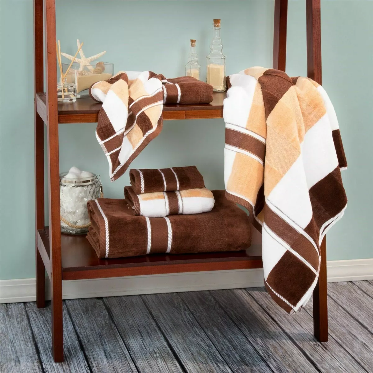 Brown and Tan 6 Pc Velour Towel Set 100 % Percent Cotton Hand Bath Towel