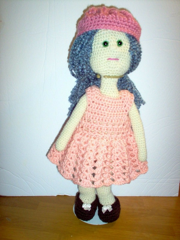 Hand crochet doll with 3outfits, long curly blue hair    #21