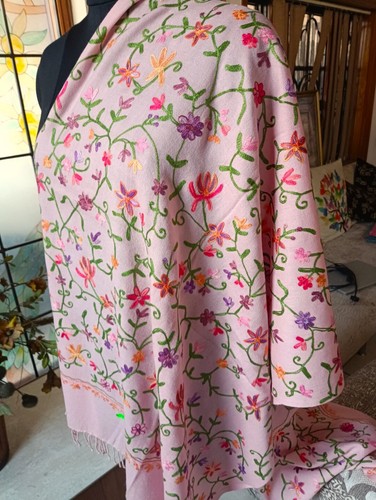 KASHMIRI CREWEL pale blossam EMBROIDERED SHAWL 100% CASHMERE PASHMINA SCARF - Picture 7 of 9