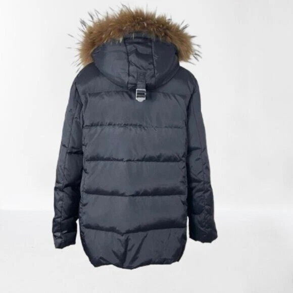 Piumino donna Michael Kors nero imbottito pelliccia sintetica orlo cappuccio taglia L con difetti