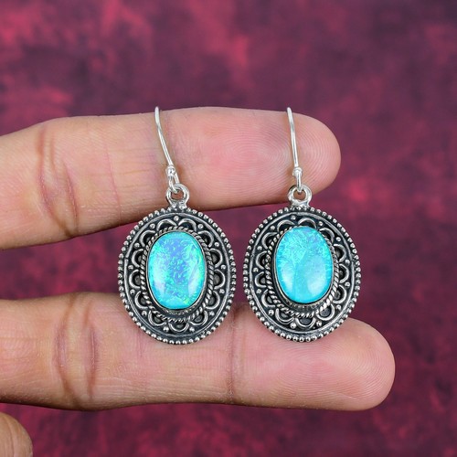 Blue Triplet Opal Gemstone Handmade 925 Solid Sterling Silver Earring Jewelry - Picture 3 of 5