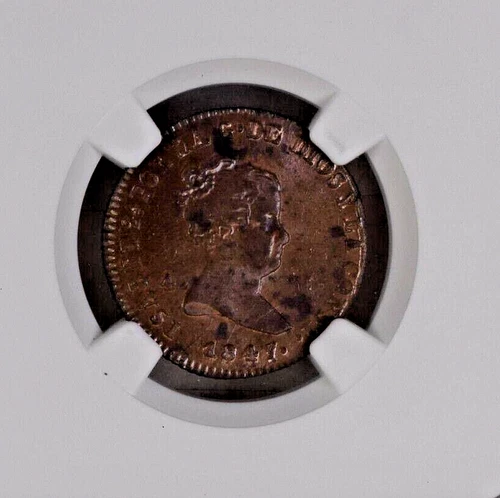 1847-JA SPAIN ISABEL II COPPER 4 MARAVEDIS KM530.2 NGC MS62 RED & BROWN