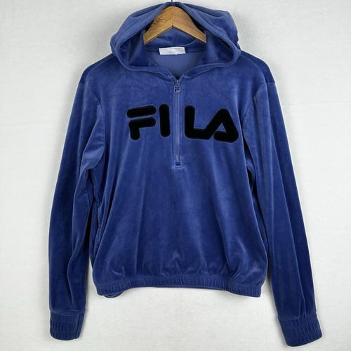 FILA Women's Velour Velvet Blue Periwinkle Track Jacket Hoodie Quarter Zip Sz S