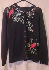 Womens Vintage Christmas Winter Holiday Button Front Sweater Cardinals Sequin