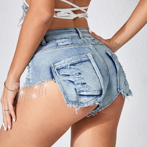 Mujeres Moda Cintura Alta Flecos Borde Estrás Cremallera Mosca Bolsillos Denim Pantalones Cortos - Imagen 5 de 5