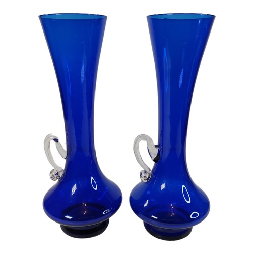 Cobalt Blue Glass Stem Vase x2 Clear Applied Handle Hand Blown Vintage 25cms