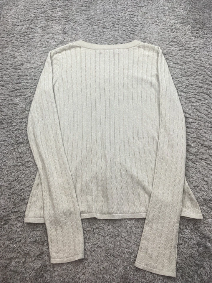 Emanuel Ungaro Sweater Women Medium Beige Silk Metallic Ribbed Cardigan Peasant - Image 2 of 4