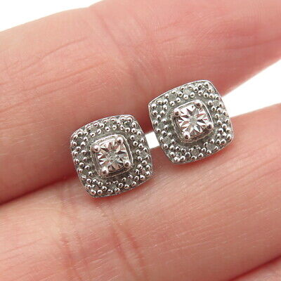 SUN 925 Sterling Silver Real Round-Cut Diamond Square Stud