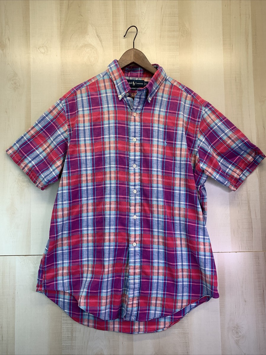 Vintage Ralph Lauren Polo Short Sleeve Mens Sz L Colorful Button