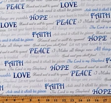 Cotton Faith Hope and Love Scripture Words White Fabric Print by Yard D752.26