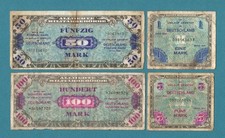 Lot of 4 - 1944 WWII Allied Military Currency - Germany - 1, 5, 50, 100 Mark