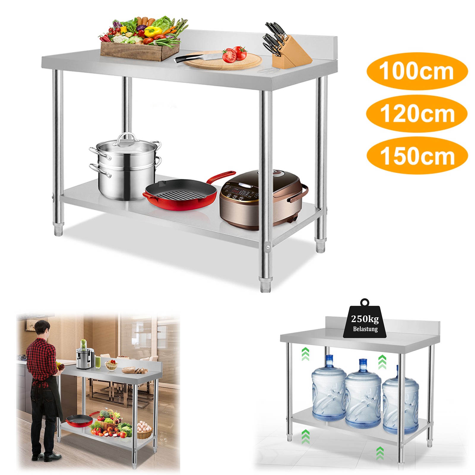 100/120/150cm Edelstahl Arbeitstisch Küchentisch Edelstahltisch mit Aufkantung