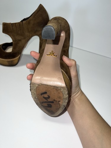 Prada Suede Olive Green Peep Toe Heels 36 1/2 Made In Italy - Picture 8 of 11