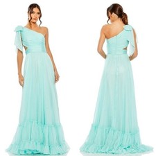 MAC DUGGAL Aqua Tiered One Shoulder Bow Ruched Cutout Chiffon Gown Dress 8 = M