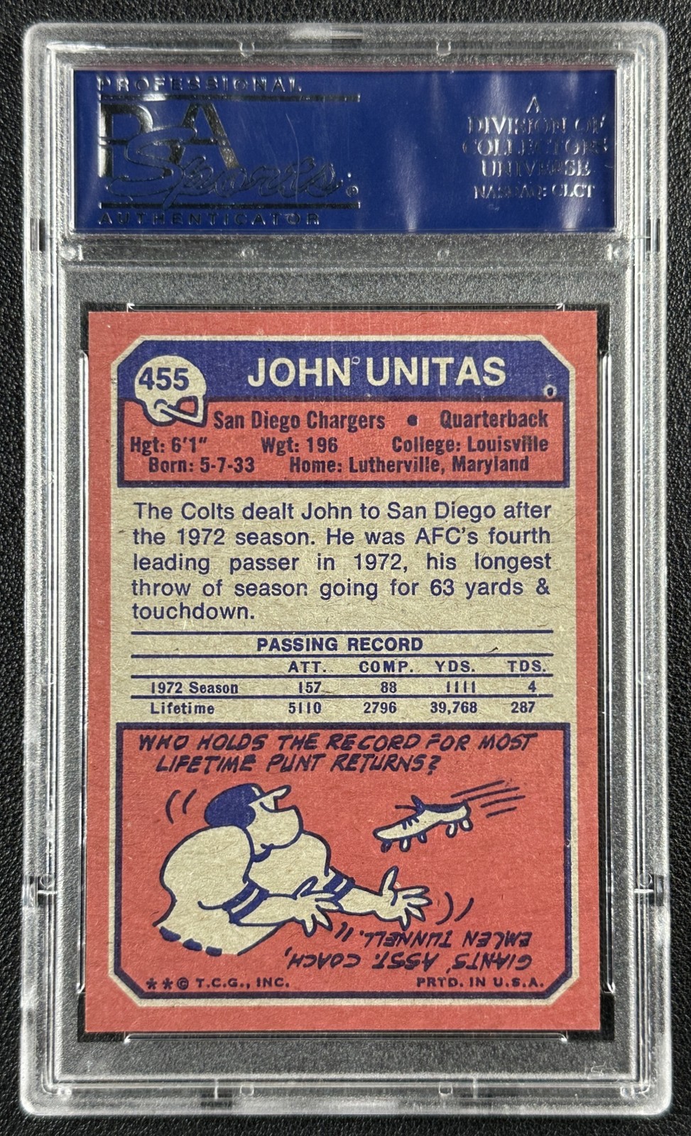 JOHN JOHNNY UNITAS PSA 8 1973 TOPPS #455 CHARGERS *SMALL CRACK* 3094 view 2
