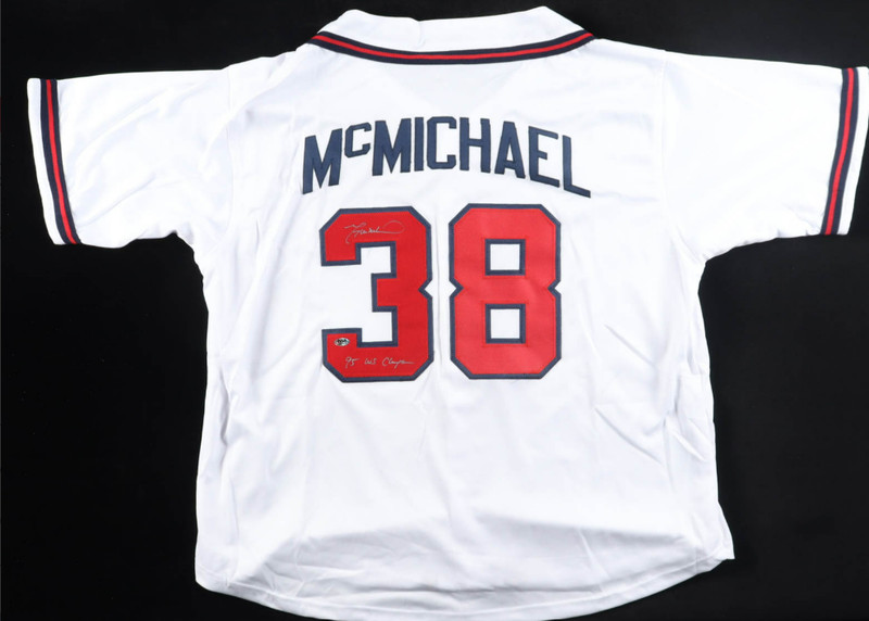 Greg McMichael Sign Sewn Atlanta Braves Jersey Inscribe "95 WS Champs"-COA (RSA)