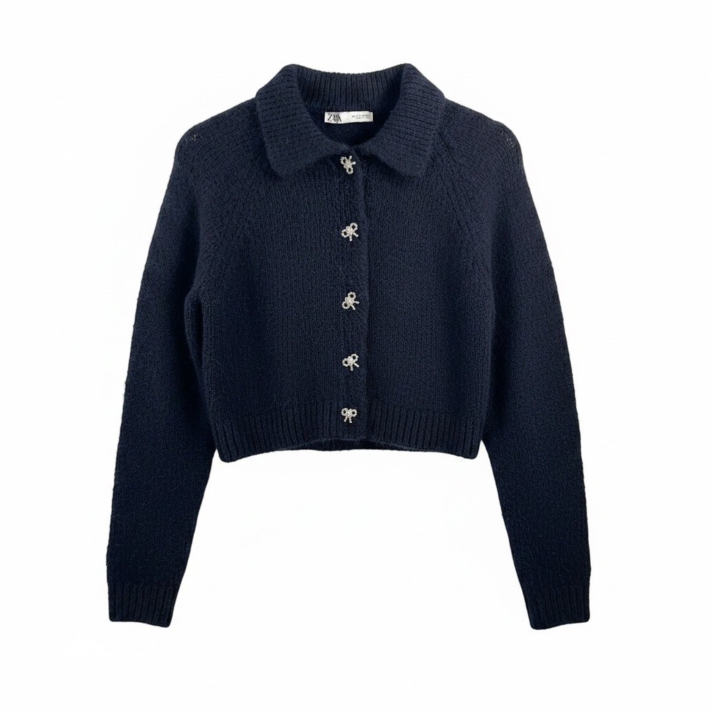 Zara cropped Cardigan sz S Navy Rhinestone Bow Button Fuzzy Knit preppy kawaii