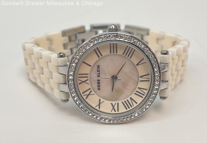Anne Klein AK/2201 Analog Pink MoP Crystals Silver Tone Women's Watch 50.8g
