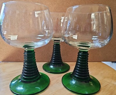 Set of 3 Vintage Luminarc France Roemer Cordial Wine Glasses Green Beehive Stem