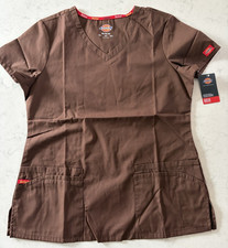 Dickies EDS Signature Scrub Top Women s V-Neck Brown Short Sleeve NEW