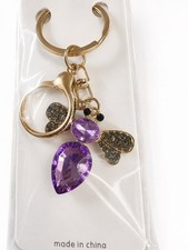 Mint Gold Tone Bee Keychain Detachable Keyring Purple Rhinestone Crystal Charm