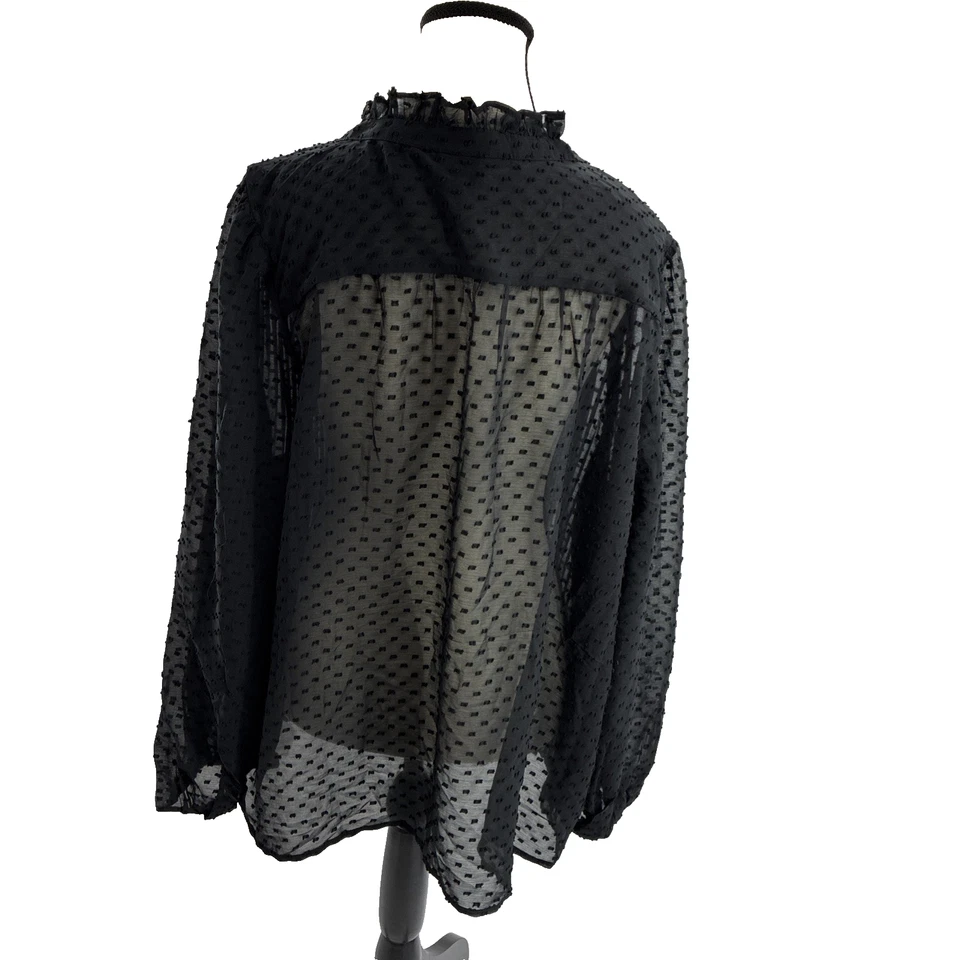 Blusa Gap Mujer XL Negra Texturada Transparente Manga Larga Volantes Cuello Botón Top Foto 4 de 4
