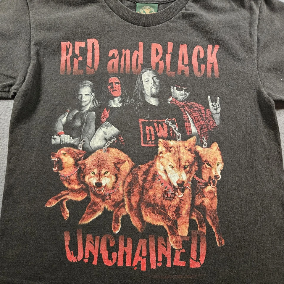 Camisa Wolfpac Vintage Nueva Orden Mundial Juvenil Grande Negra WCW Lucha Roja y Negra Años 90 Foto 2 de 4