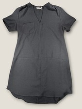 LUSH Black V-Neck Shift Dress Large Short Sleeve Crepe Texture Pocket Mini