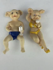 Vintage Bikini & Swim Trunks Pig Figurine Pair – Beach Party Pigs with Drinks