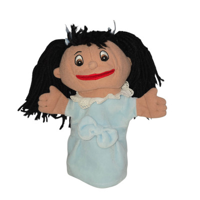 Lakeshore Girl Puppet Black Yarn Hair Brown Eyes Blue Dress Lace Collar 10 Inch