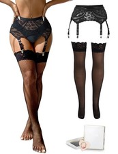 Lace Garter Belt for Plus Size Garter Belts Set with Black Thigh High Stockin...