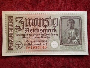 NOT FOLDED  ORIGINAL WW II BANKNOTE GERMANY GERMAN  20  REICHSMARK no. ... 146