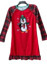 Penguin Plaid Flannel Nitegown Sleep Shirt Holiday Christmas Girls Size XL 14/16