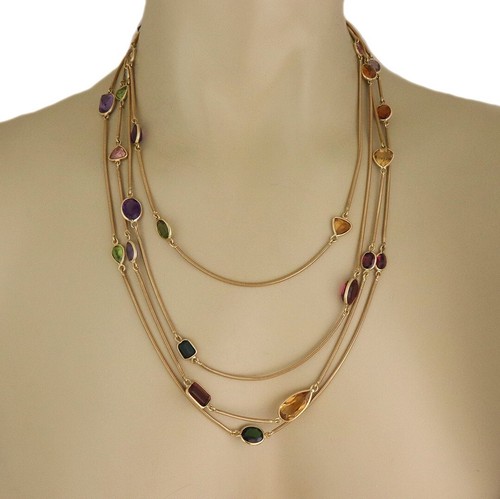 Gold Necklace Multi-Color Gems 18kYellow Snake Chain 90" - Picture 2 of 7