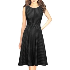 VFSHOW Black Pin Striped Dress Business Office Party A-Line Double Zip Women’s L