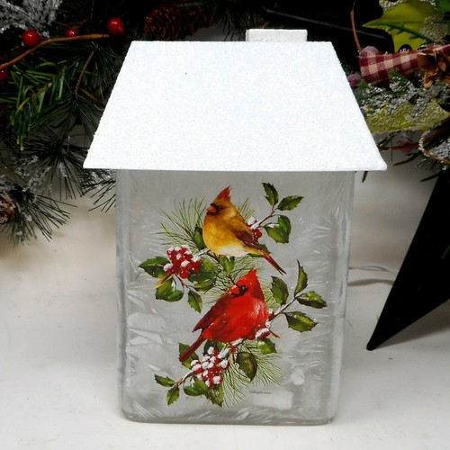 Stony Creek Decorative Lighted Glass Cardinals with Holly 7" House BTO92 - Picture 3 of 11
