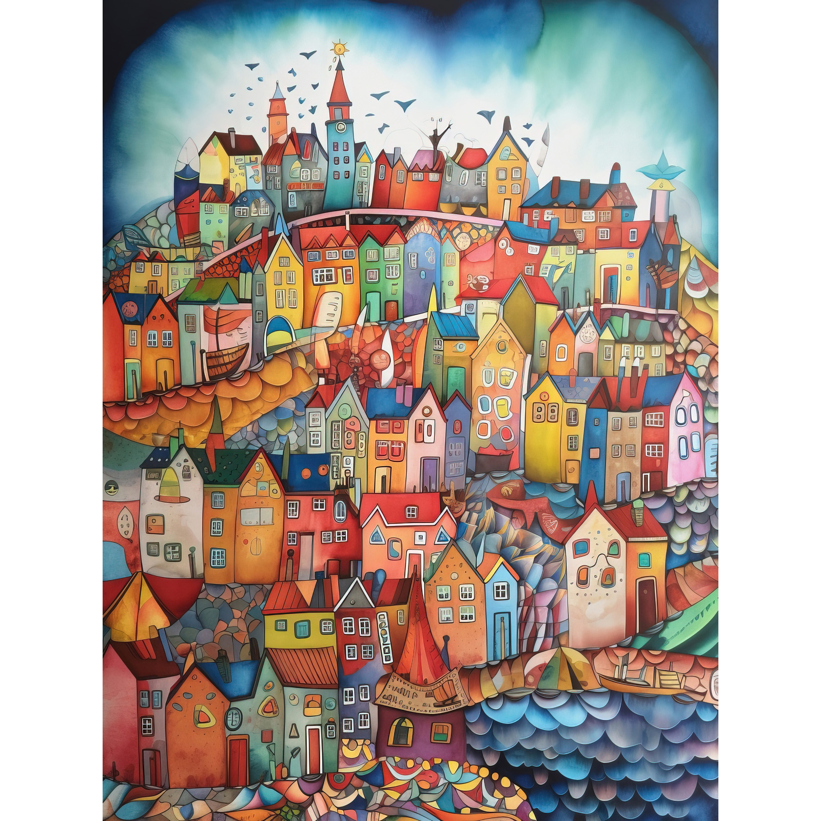 Abstract Fishing Village Modern Folk Art Huge Wall Art Poster Print Giant