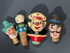 4 Vintage Cork Wine Bottle Stoppers Bobble Head Clown, Ceramic, Wood