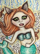 Signed 4x6 Fantasy Art Print by KSams - Feline Mermaid Woman Illustration