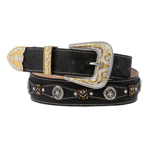 Concho Western Belt Cowboy Genuine Leather Studs Silver Buckle Black Cinto - 第 1/5 張圖片